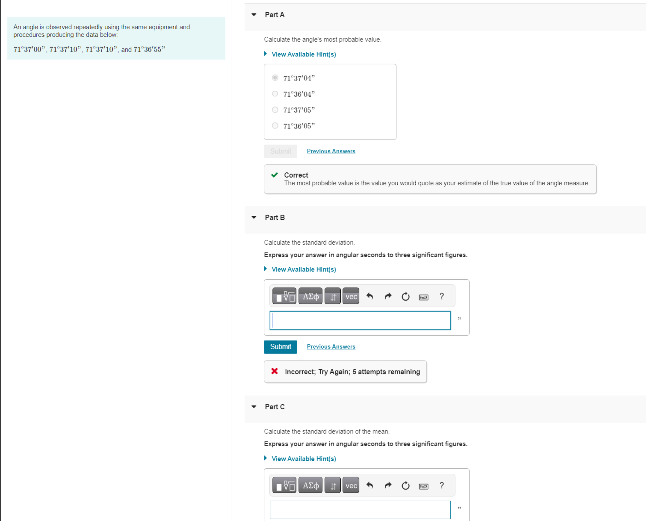 An angle is observed repeatedly using the same