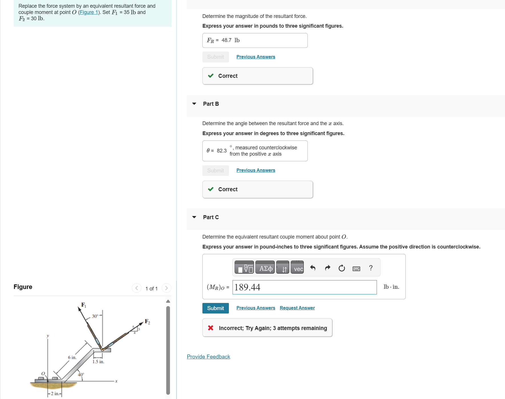 Replace the force system by an equivalent