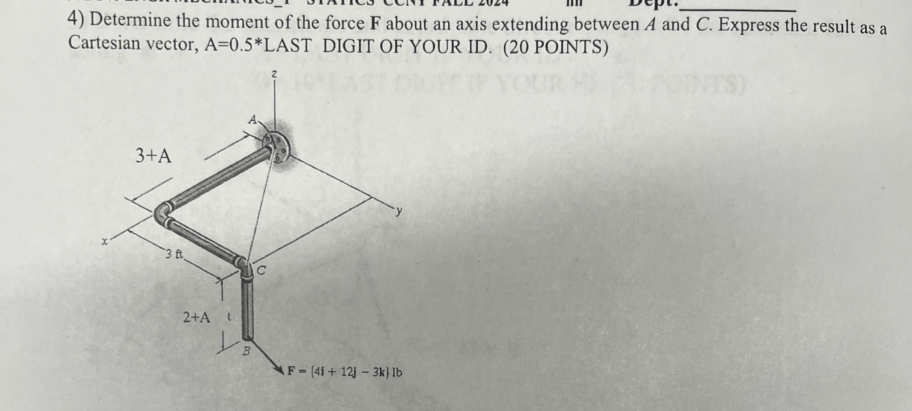 Determine the moment of the force F about an axis