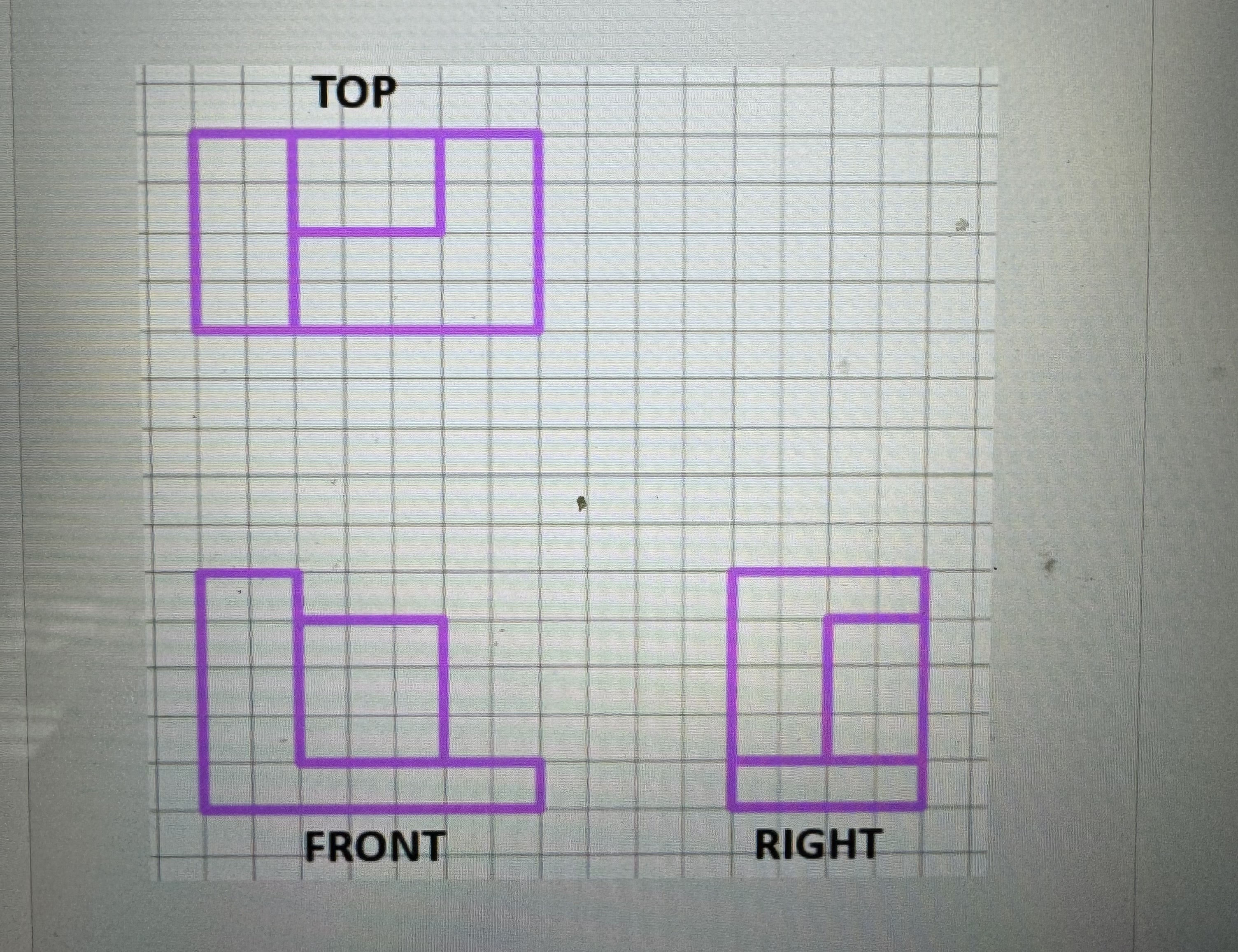 Given the front, side, and top view, draw the