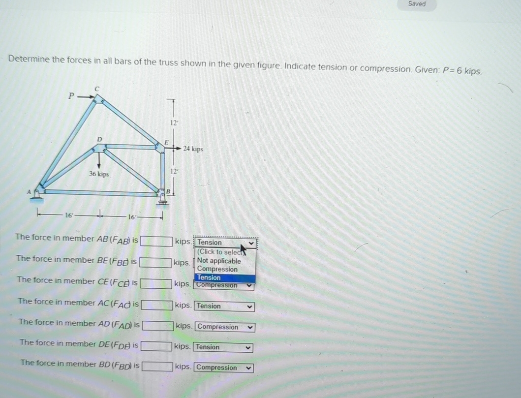 Saved Determine the forces in all bars of the