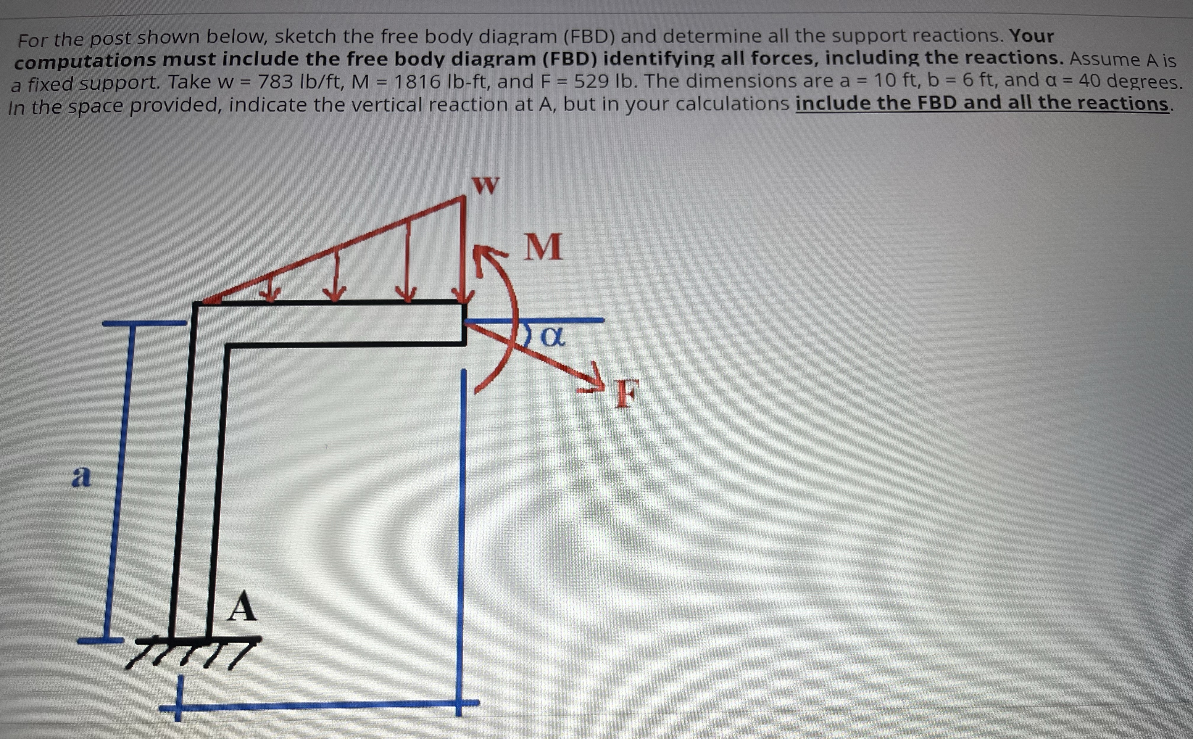 For the post shown below, sketch the free body