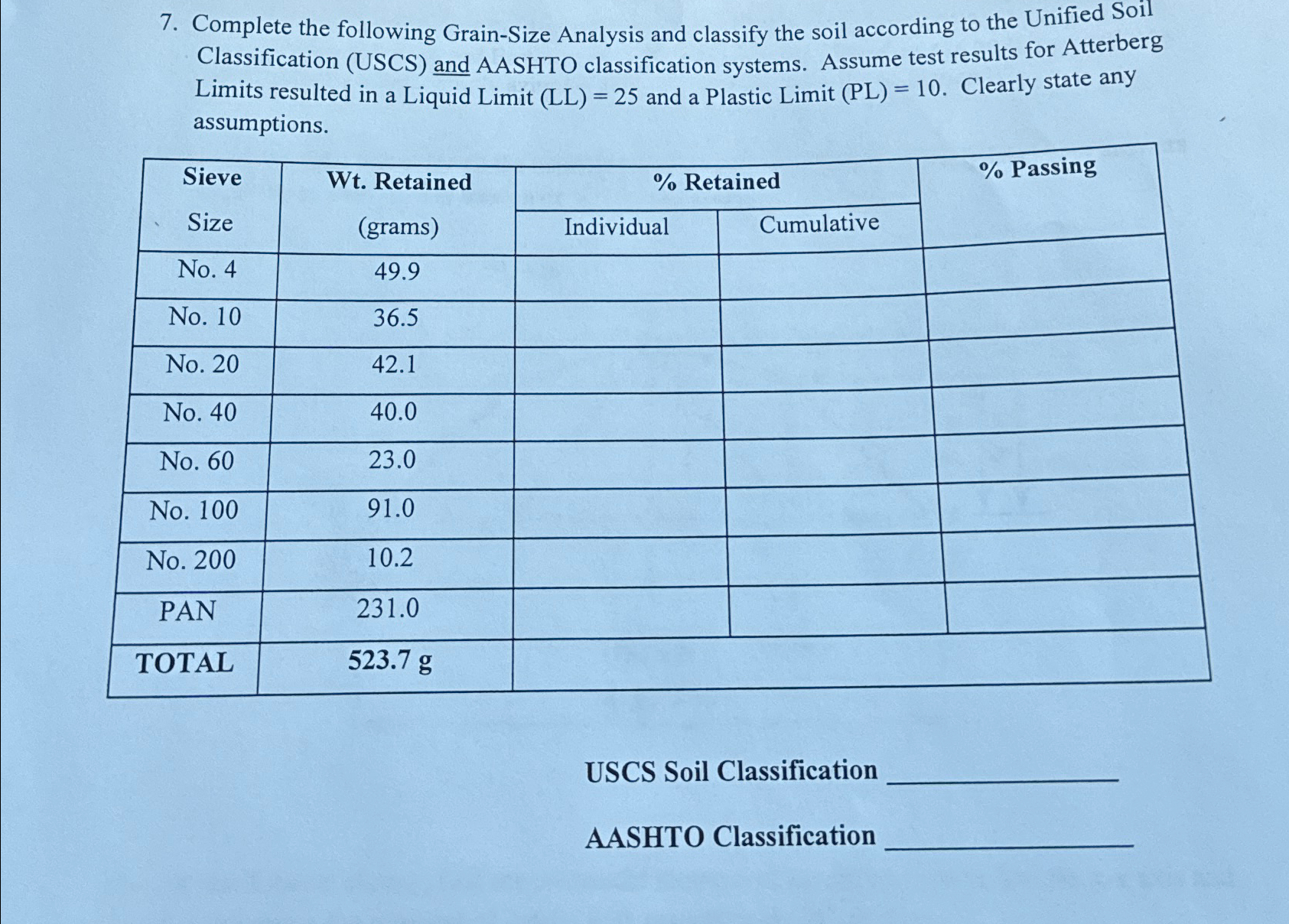 Complete the following Grain - Size Analysis and