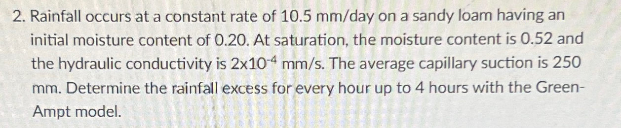 Rainfall occurs at a constant rate of 1 0 . 5 m m