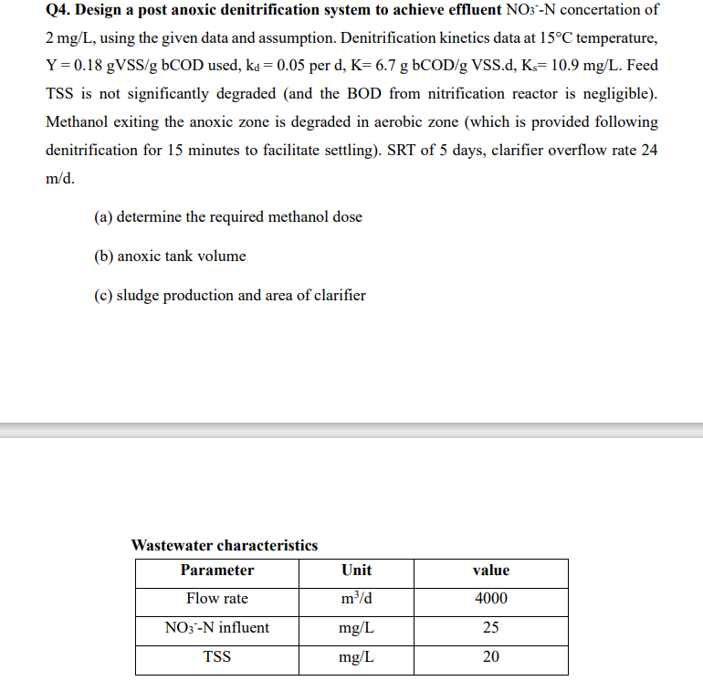 Q 4 . Design a post anoxic denitrification system