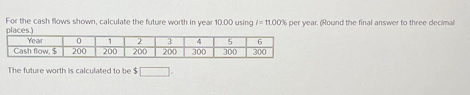 For the cash flows shown, calculate the future