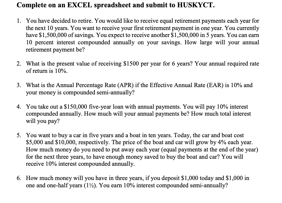 Complete on an EXCEL spreadsheet and submit to