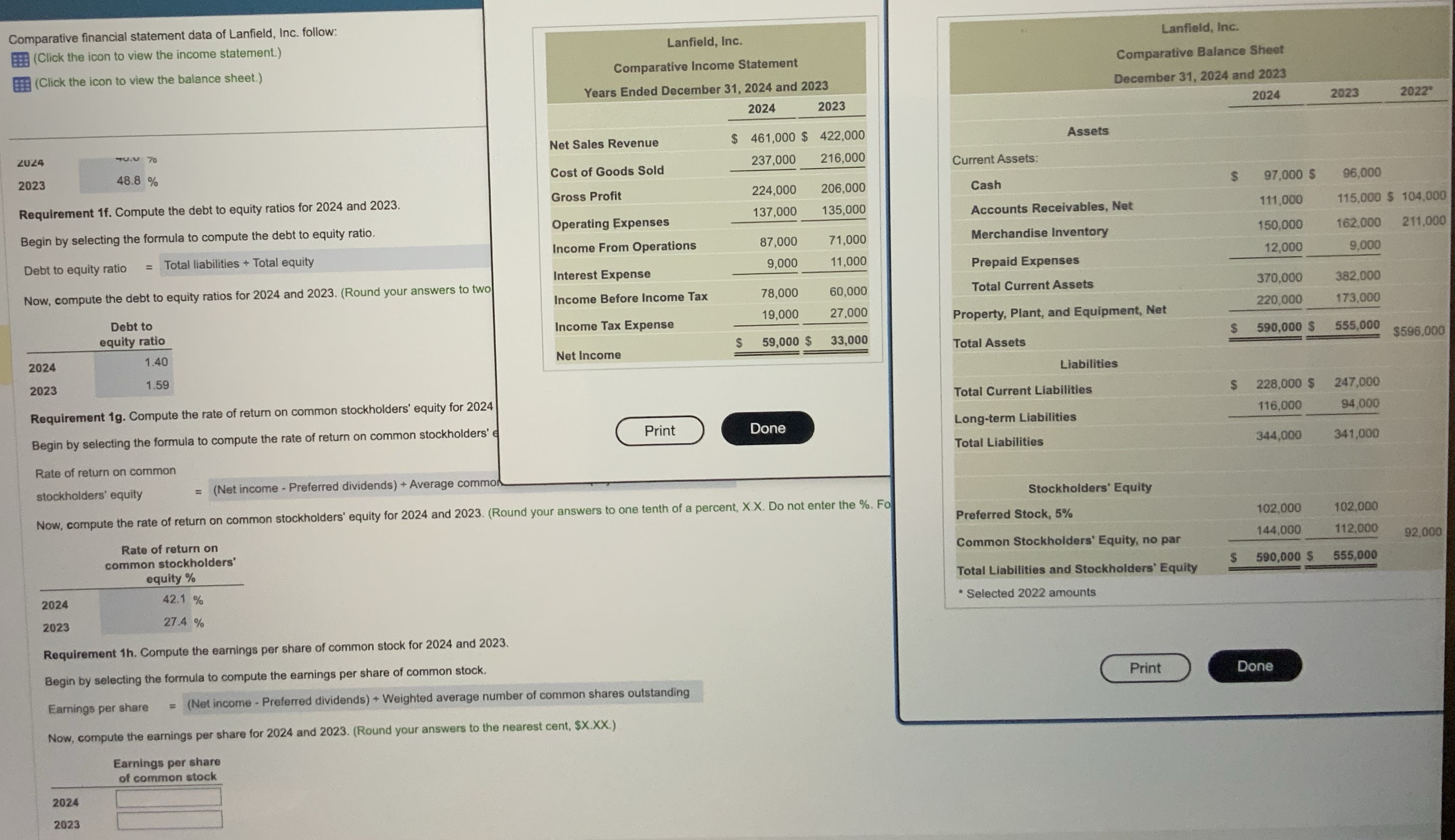 Can you please solve requirement 1h?Earning per