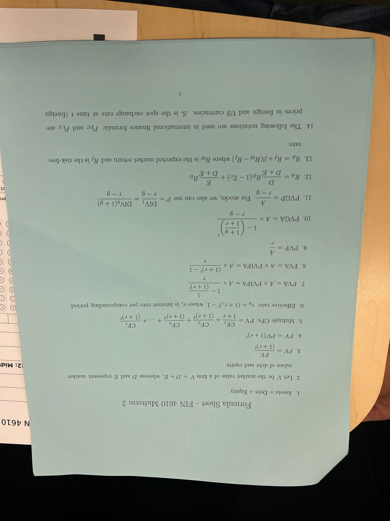 N 4610 Formula Sheet - FIN 4610 Midterm 2 1.