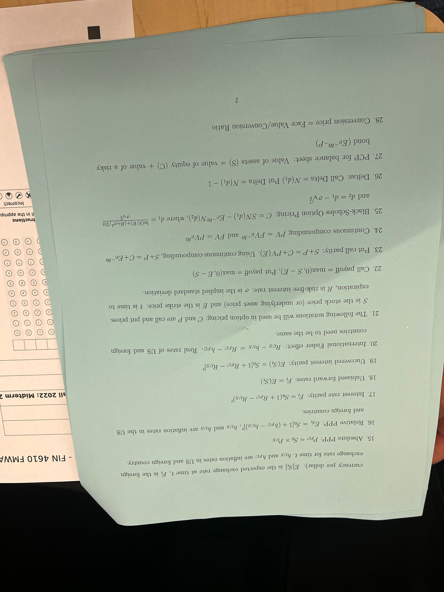 N 4610 Formula Sheet - FIN 4610 Midterm 2 1.