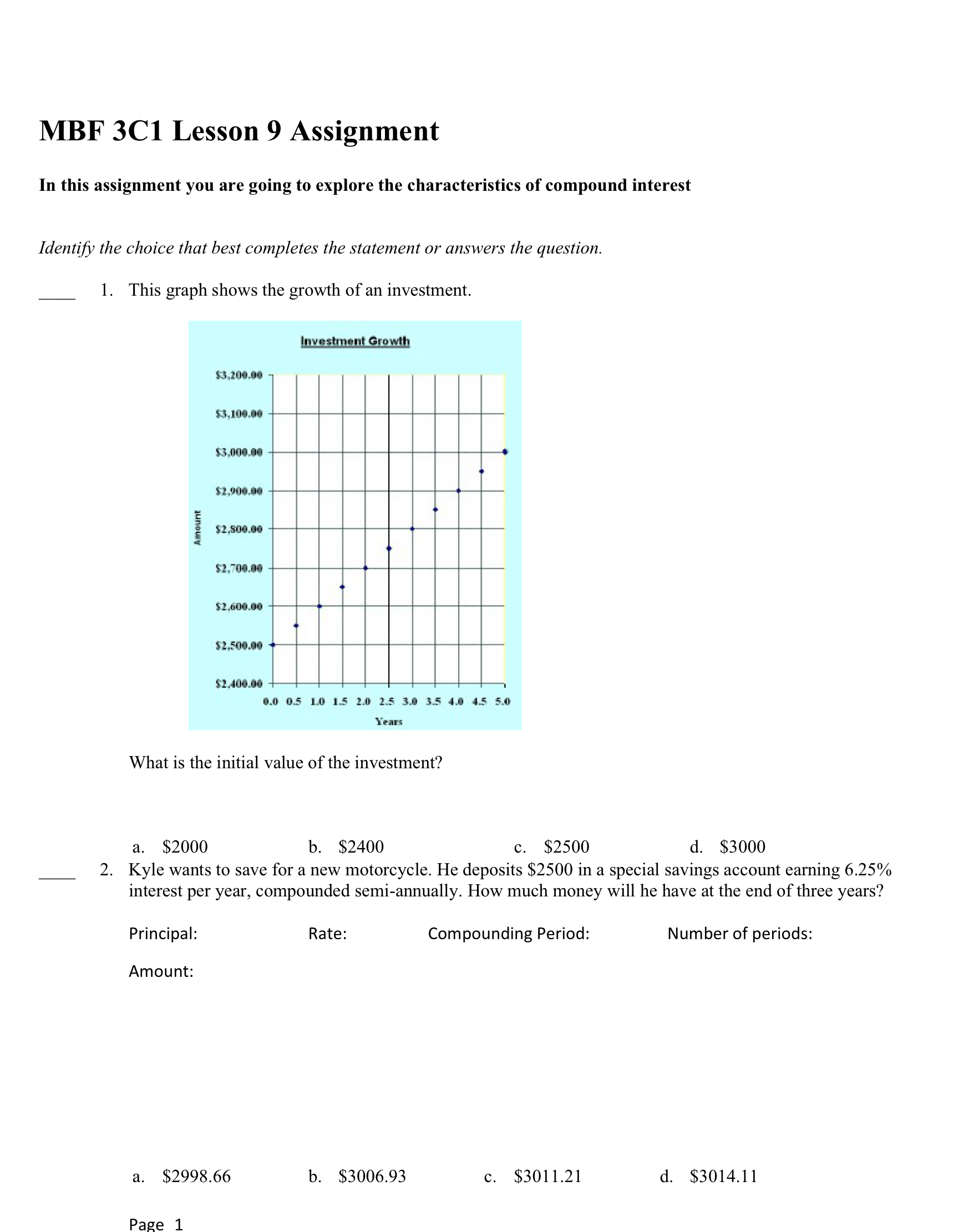 MBF 3C1 Lesson 9 Assignment In this assignment