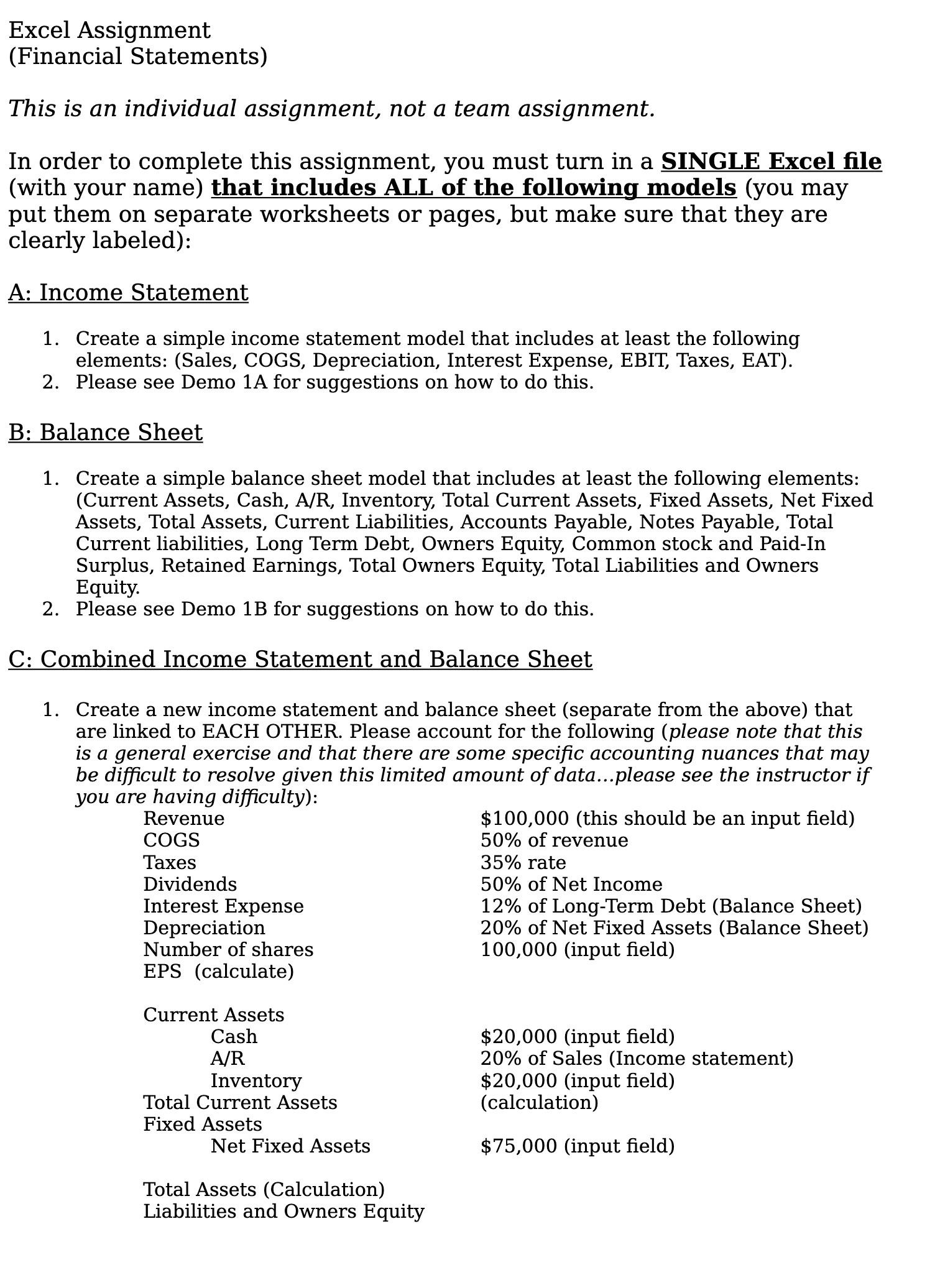 Excel Assignment (Financial Statements) This is