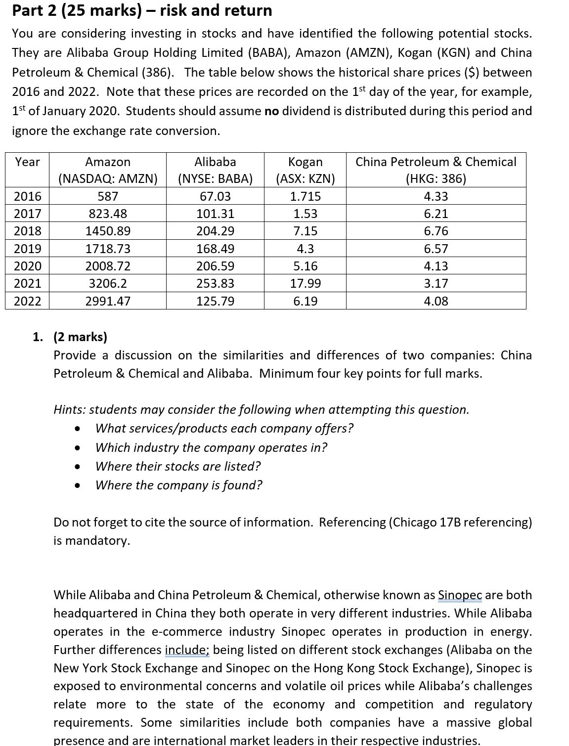 Part 2 (25 marks) risk and return You are