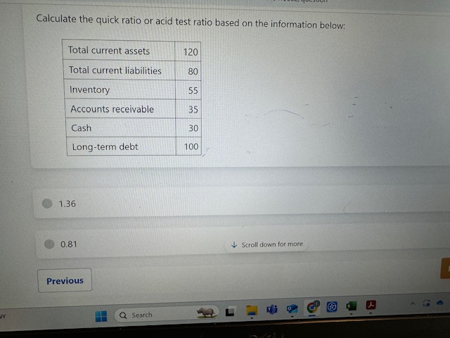 CFI Calculate the quick ratio or acid test ratio