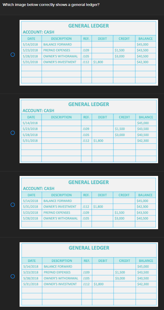 Which image below correctly shows a general ledger? GENERAL LEDGER ACCOUNT: