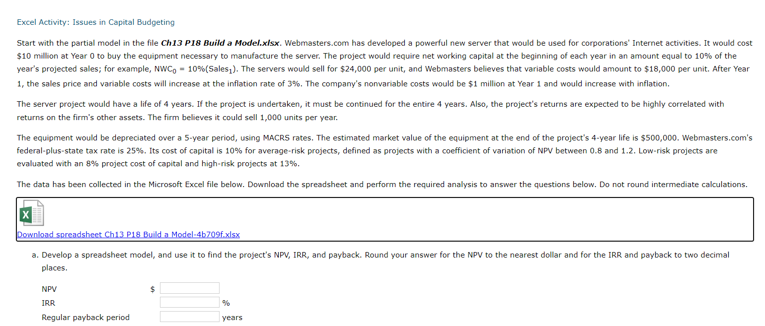 Excel Activity: Issues in Capital Budgeting Start