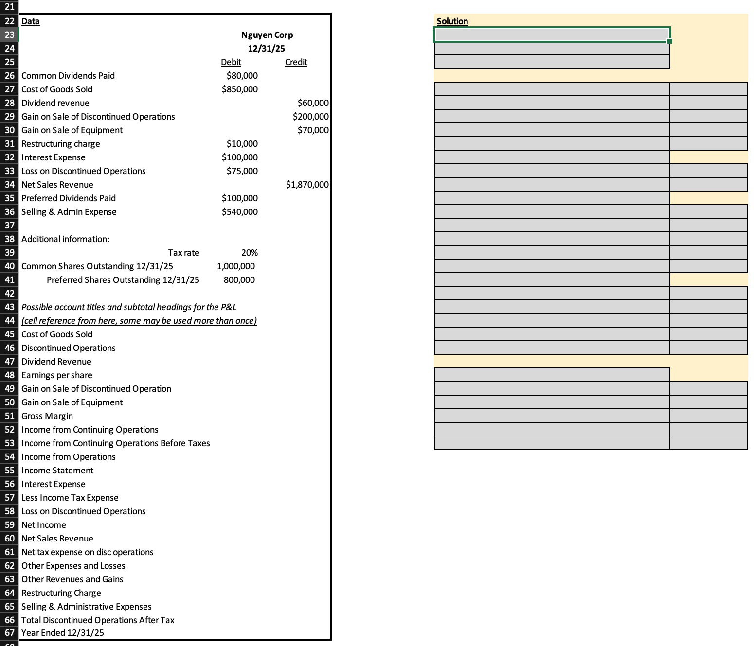 Requirements: 8 1) Using the data below, create a