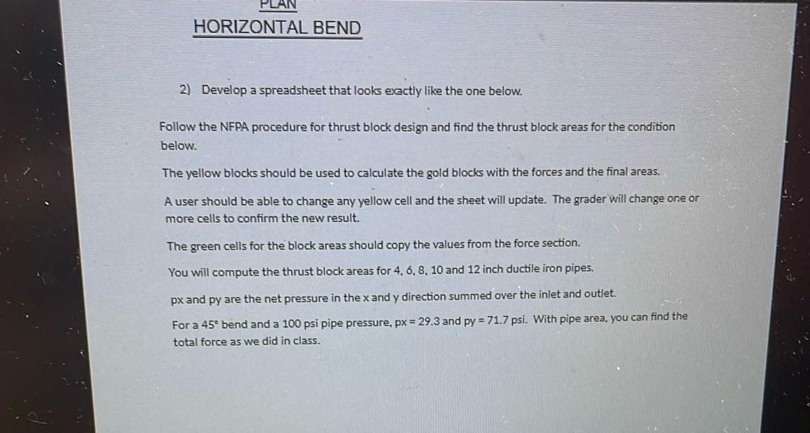 HORIZONTAL BEND Develop a spreadsheet that looks