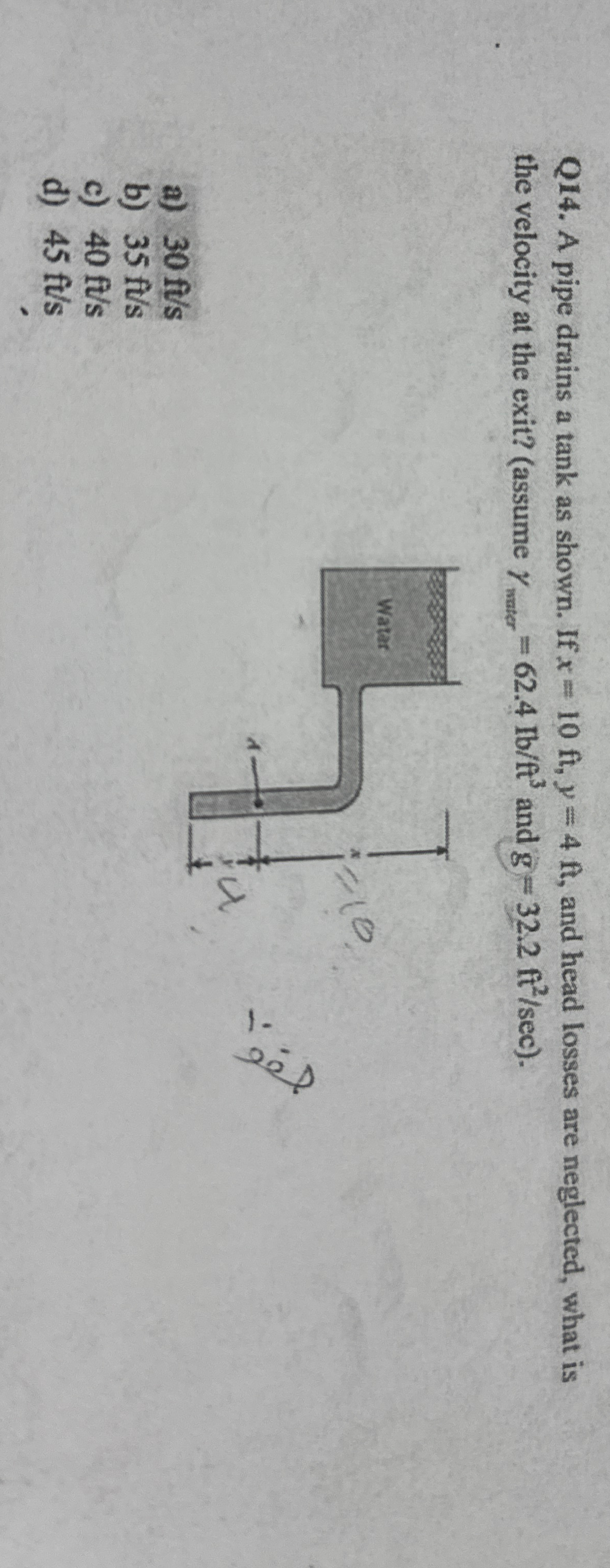 Q 1 4 . A pipe drains a tank as shown. If x = 1 0