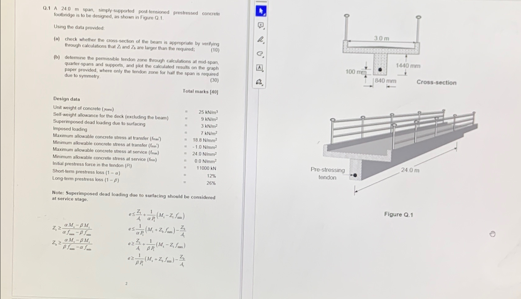 Q . 1 A 2 4 . 0 m span, simply - supported post -