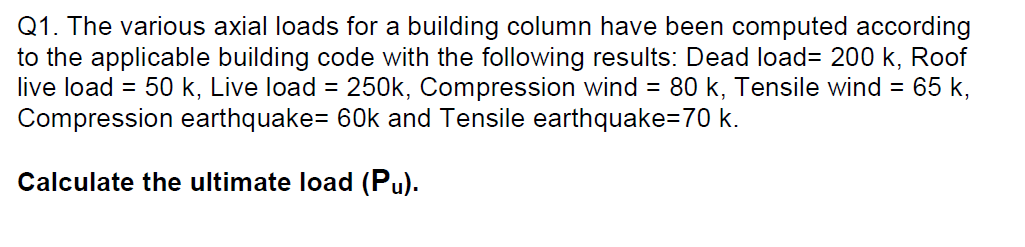 Q 1 . The various axial loads for a building