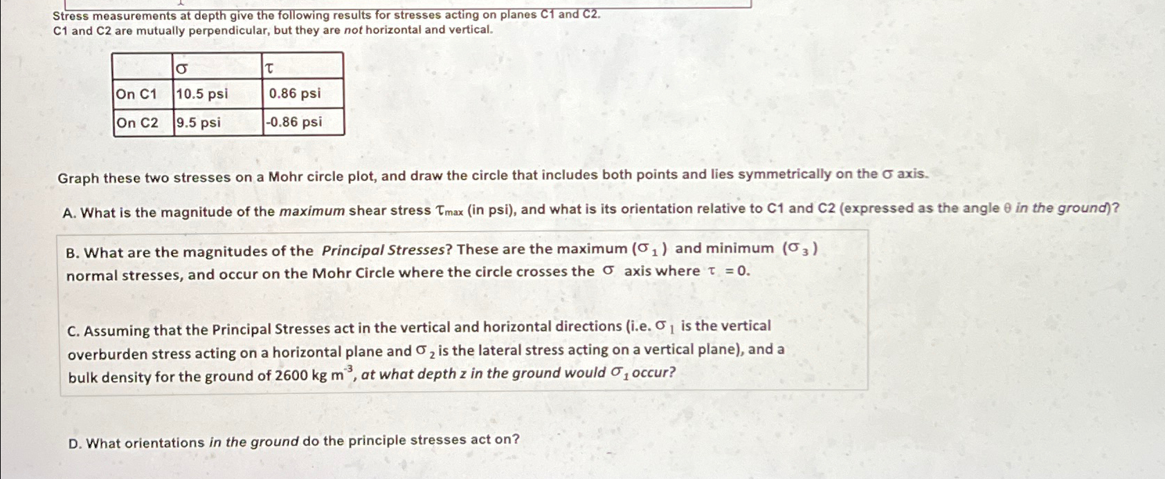 Stress measurements at depth give the following