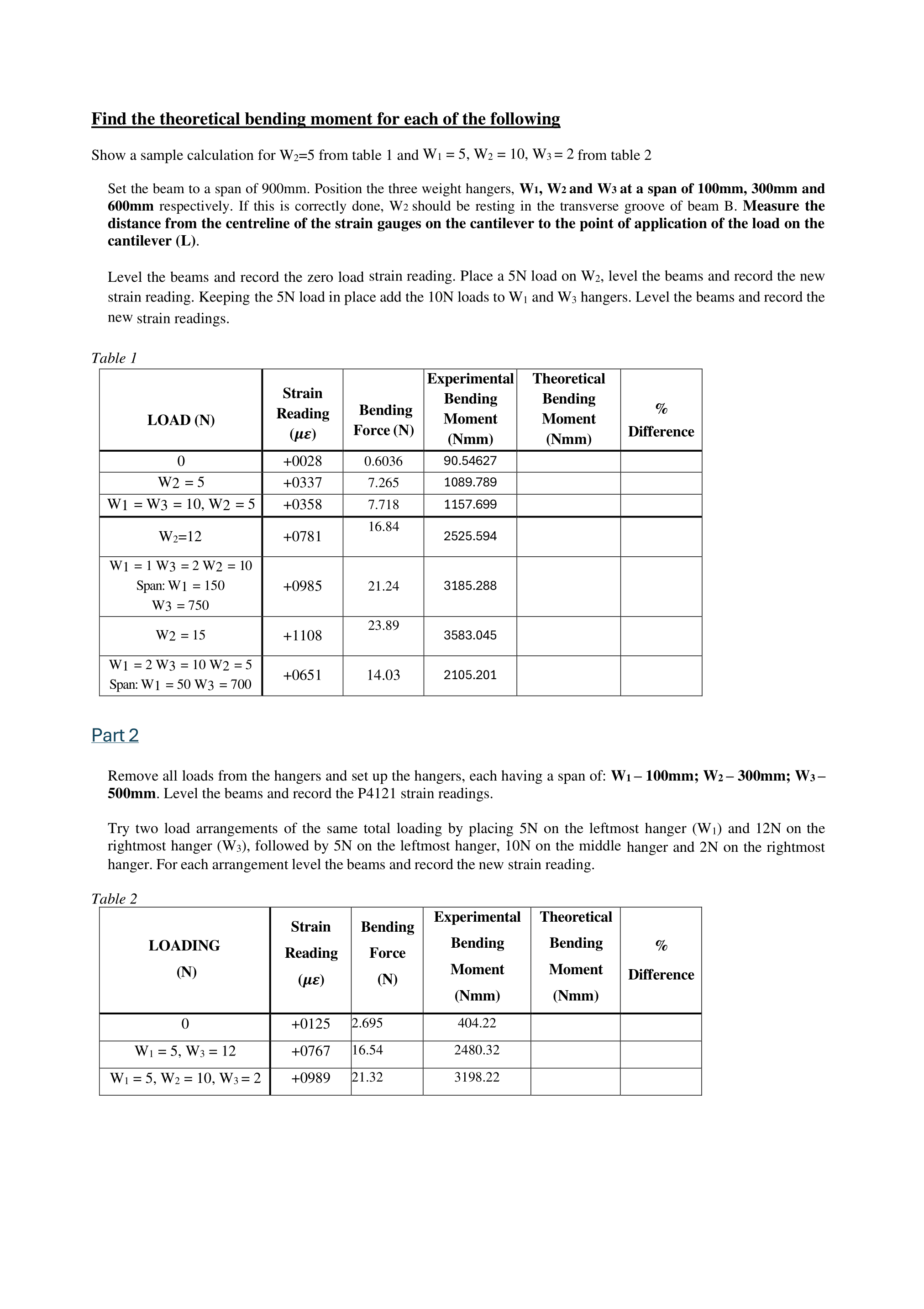 Find the theoretical bending moment for each of
