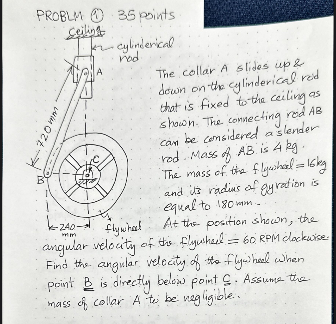PROBLM. ( 1 ) 3 5 points ceiling The collar A