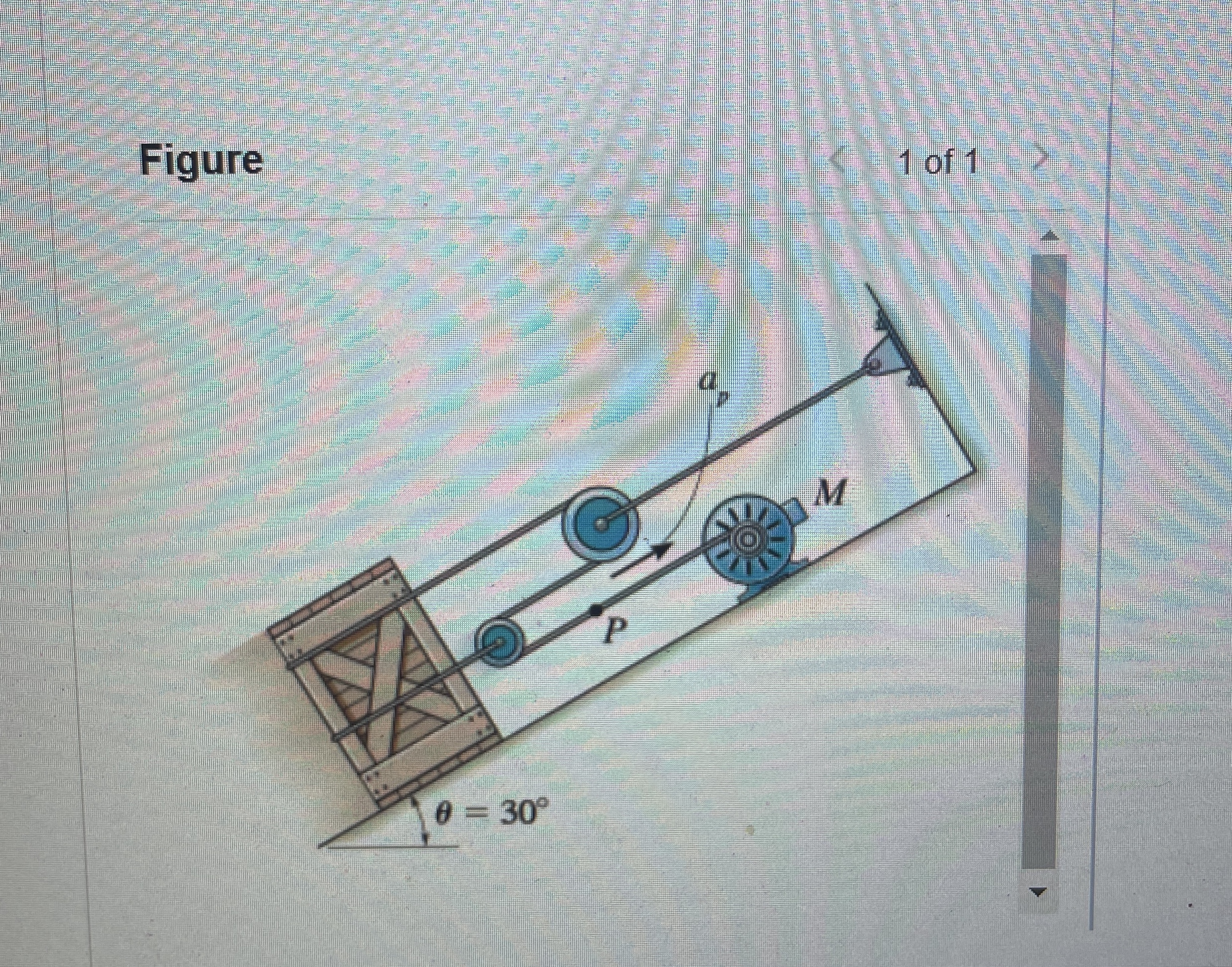 The motor M pulls in its attached rope with an