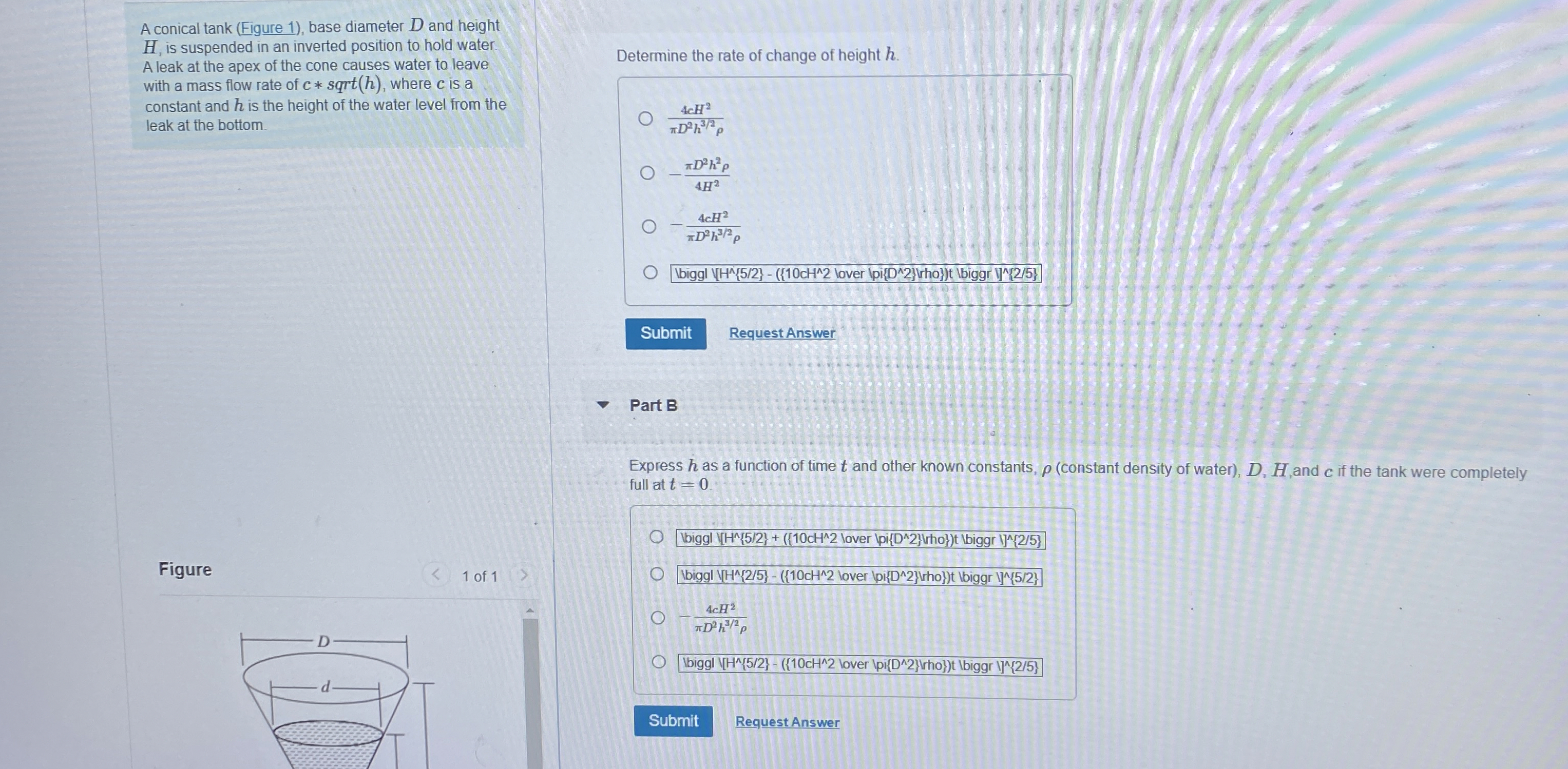 A conical tank ( Figure 1 ) , base diameter D and