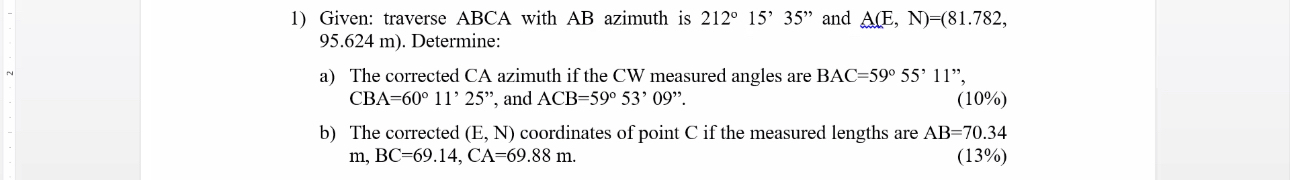 Given: traverse ABCA with A B azimuth is 2 1 2 1