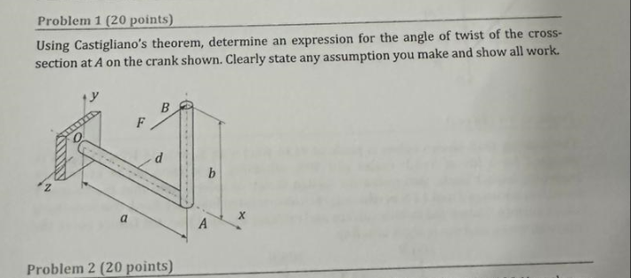 Problem 1 ( 2 0 points ) Using Castigliano's