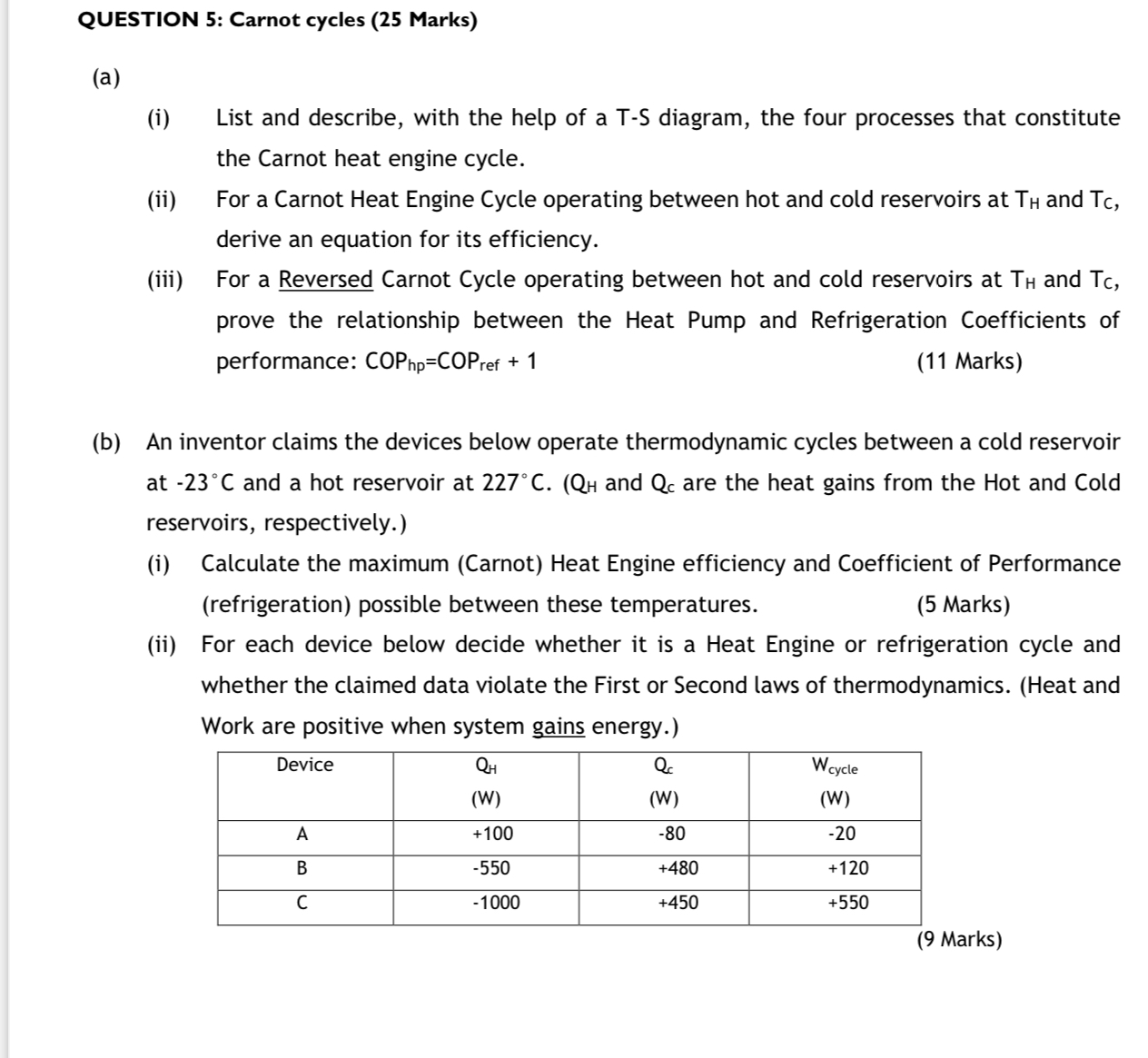 QUESTION 5 : Carnot cycles ( 2 5 Marks ) ( a ) (
