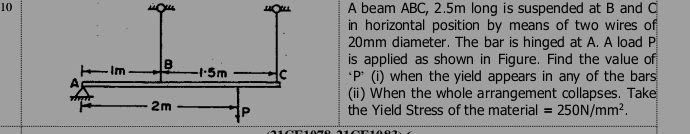 A beam ABC, 2 . 5 m long is suspended at B and C