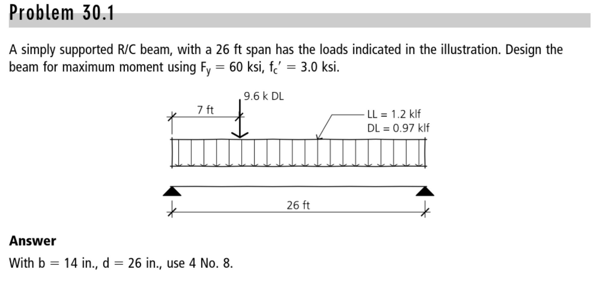 Problem 3 0 . 1 A simply supported R C beam, with