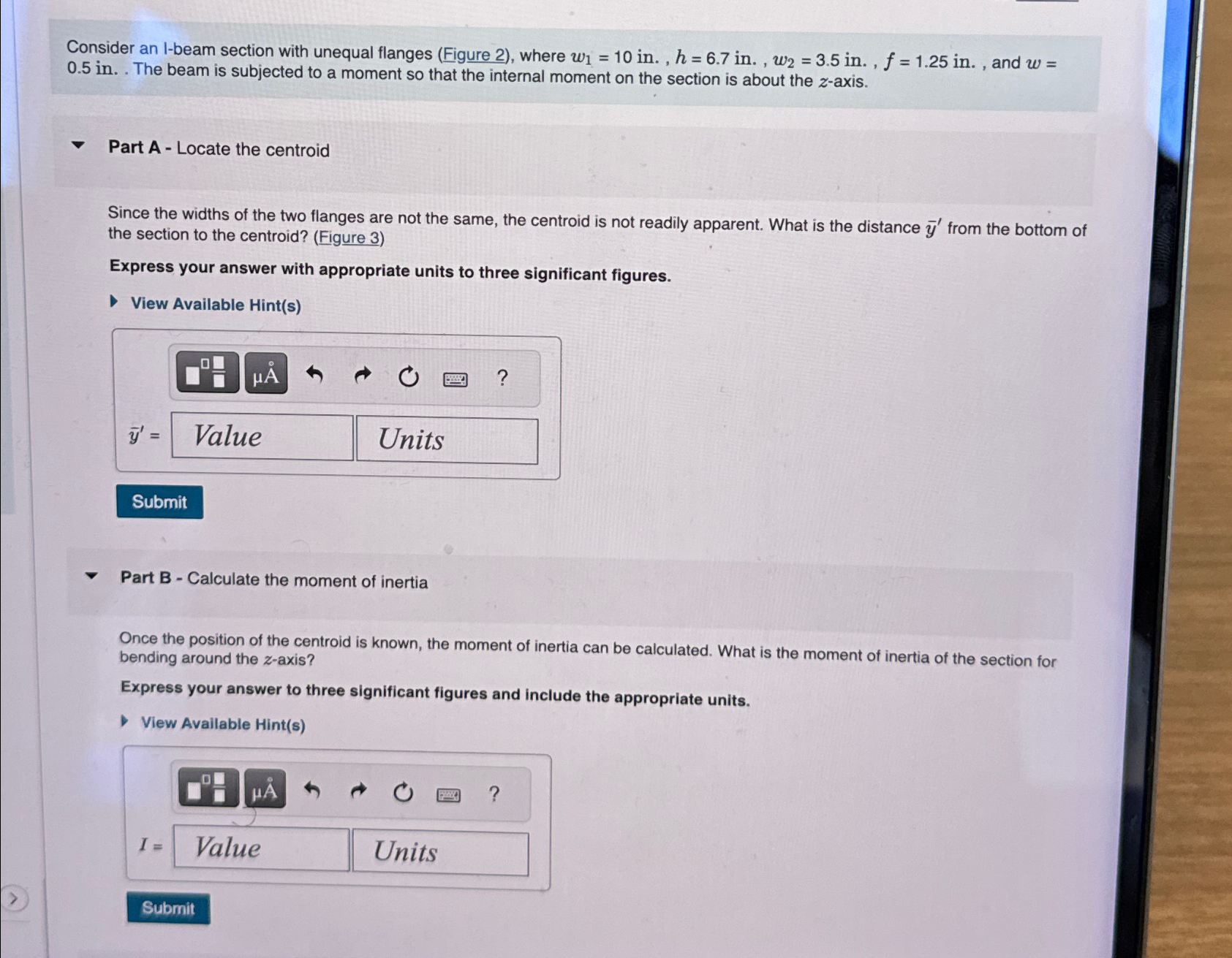 Consider an I - beam section with unequal flanges
