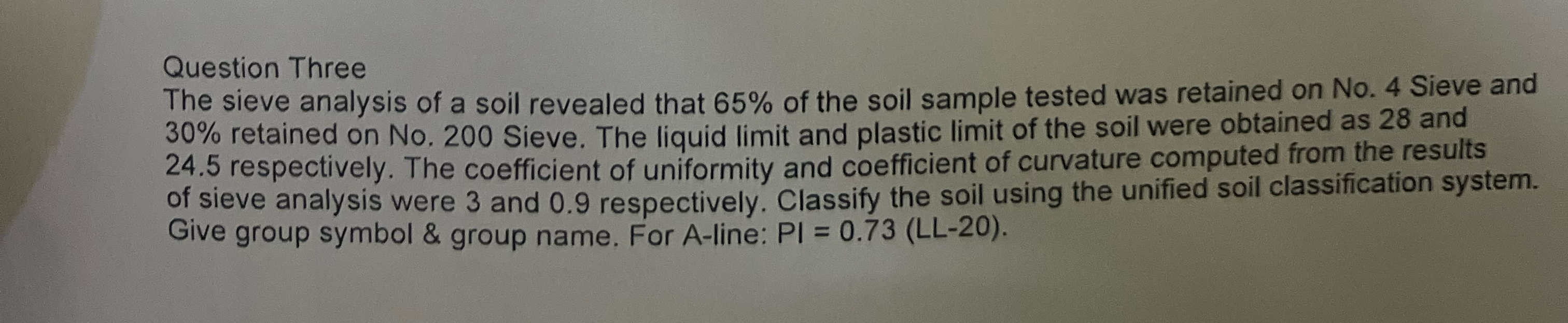 Question Three The sieve analysis of a soil