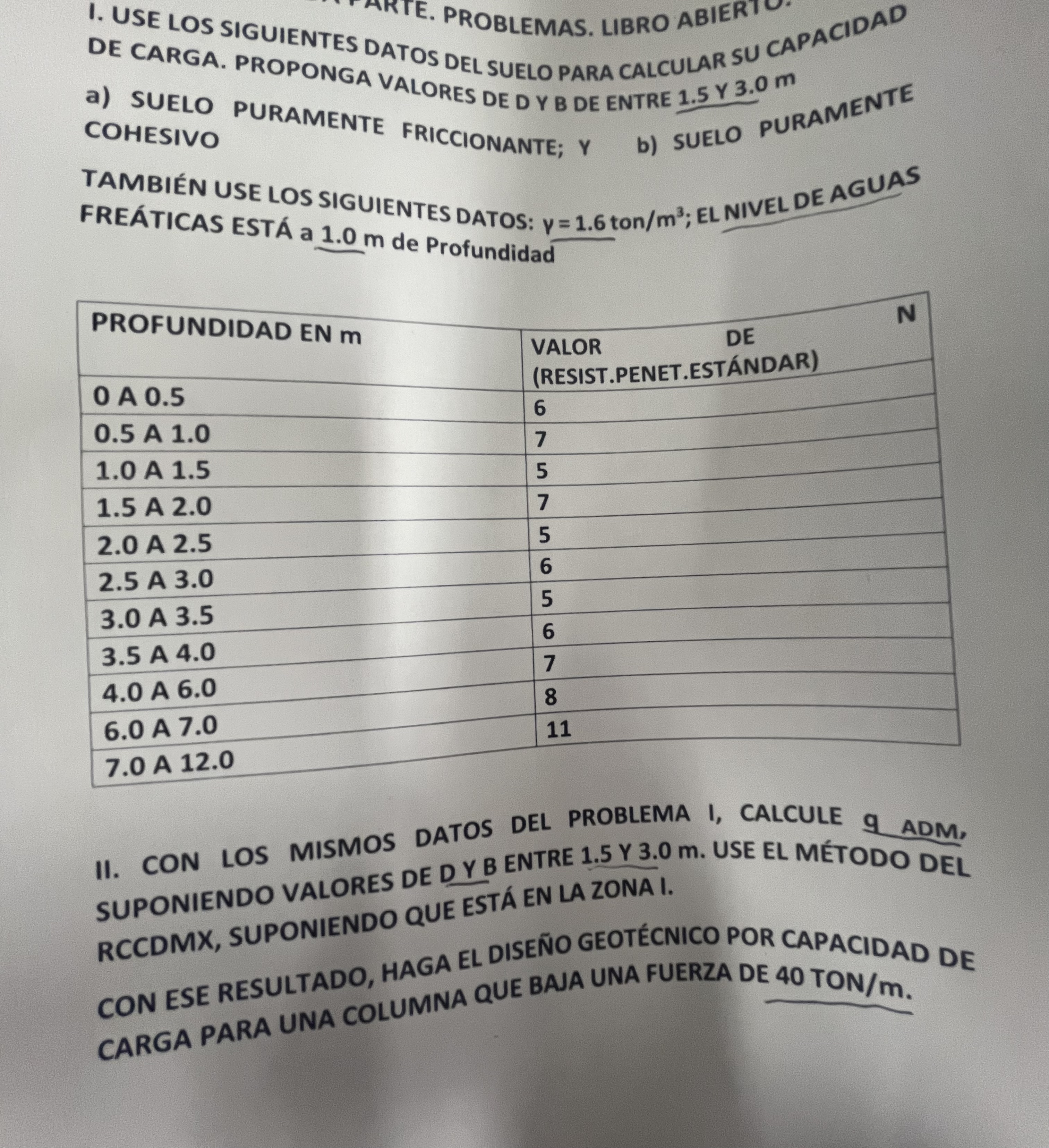 DE LOS SIGUIENTES DATOS DEL SUELO PARA CALCULAR