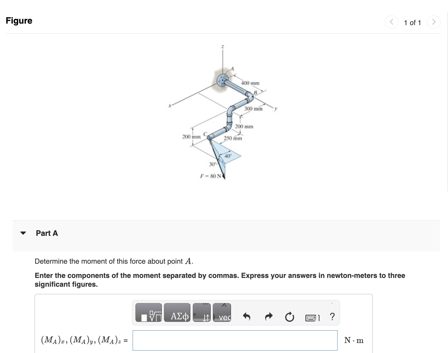 Figure Part A Determine the moment of this force