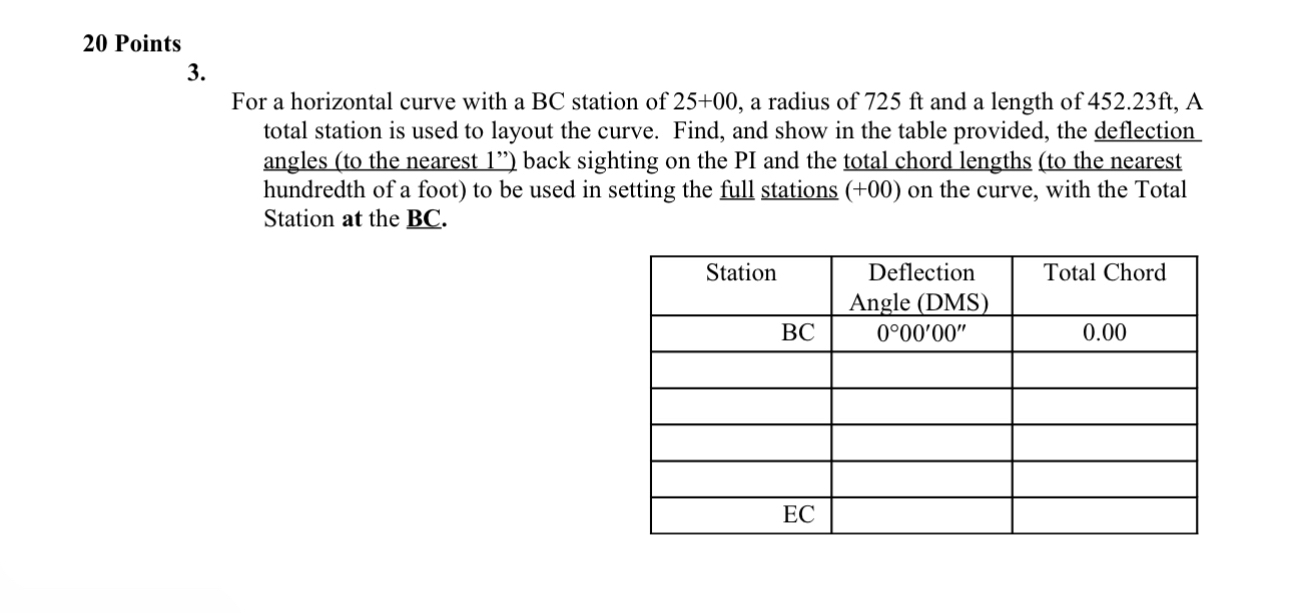 2 0 Points 3 . For a horizontal curve with a BC