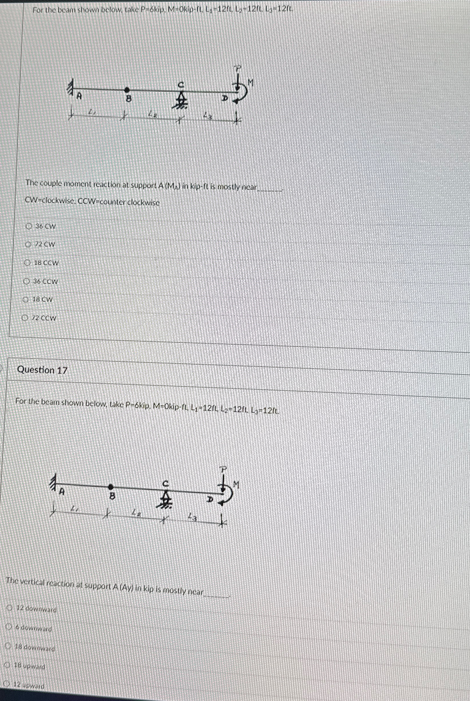For the beam shown below, take P = 6 kip, M = 0