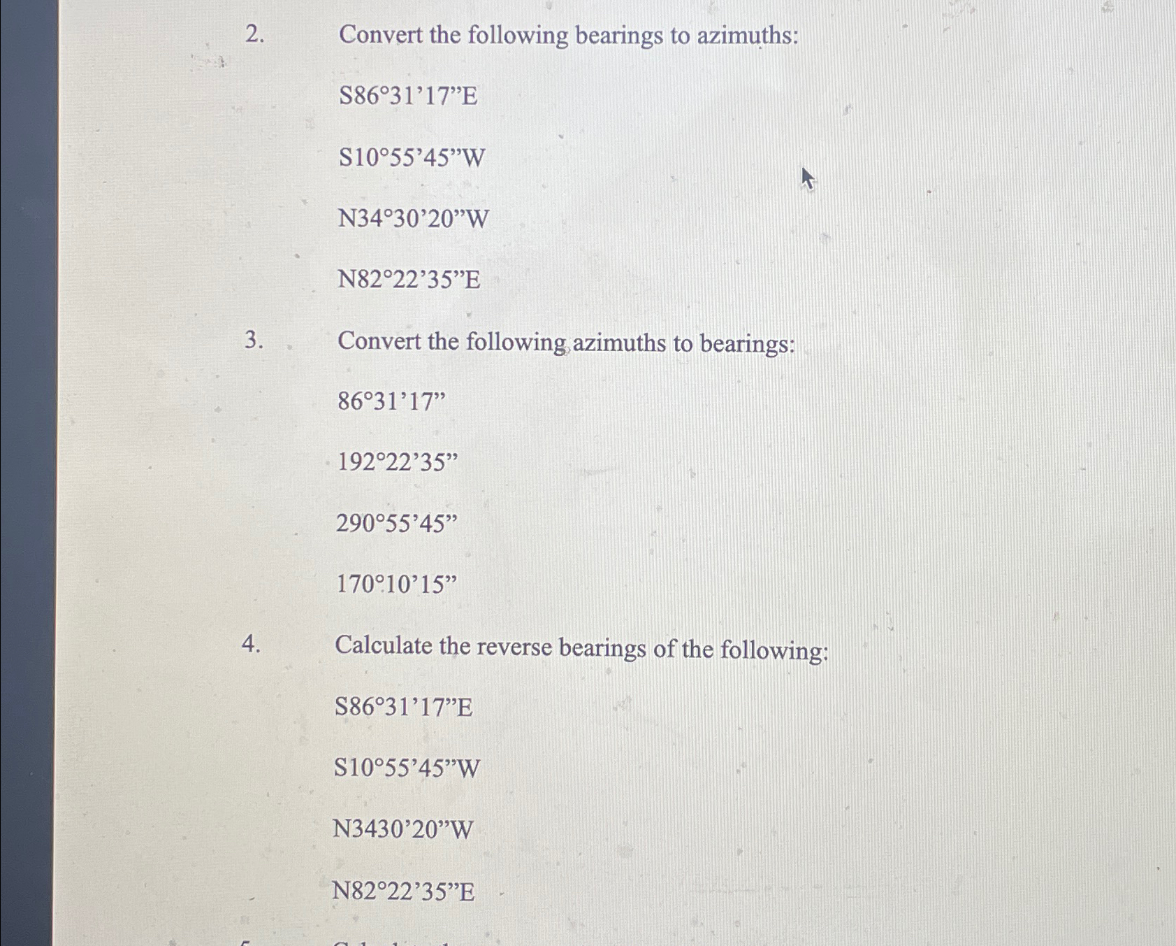 Convert the following bearings to azimuths: S 8 6