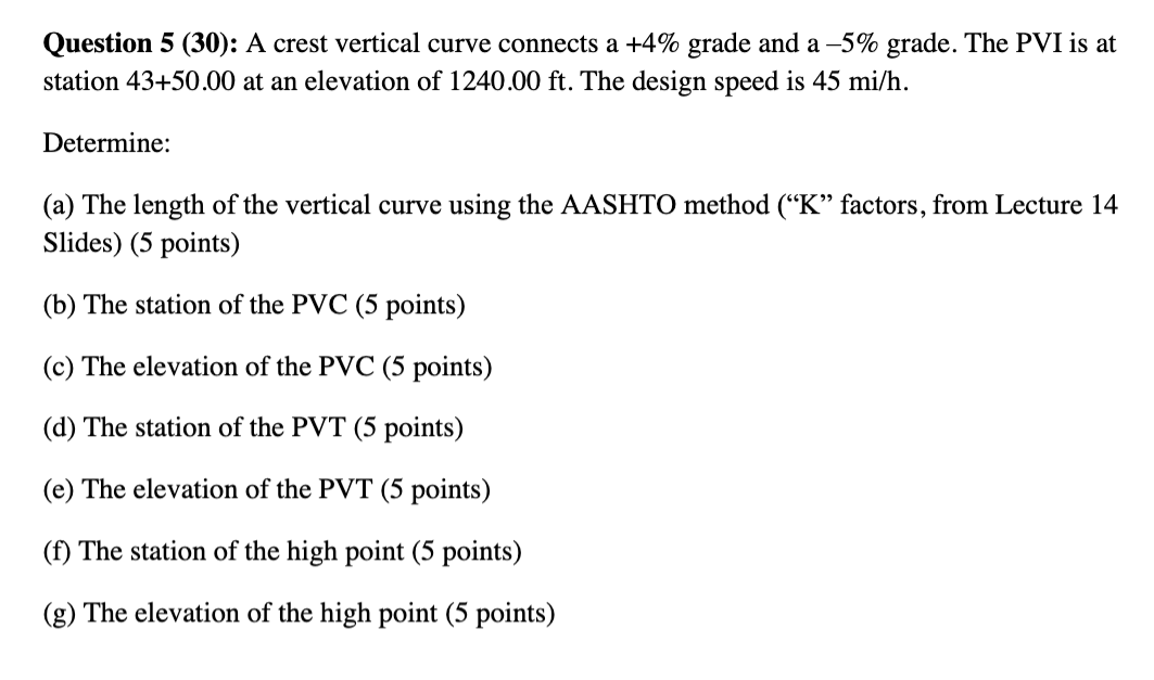 Question 5 ( 3 0 ) : A crest vertical curve