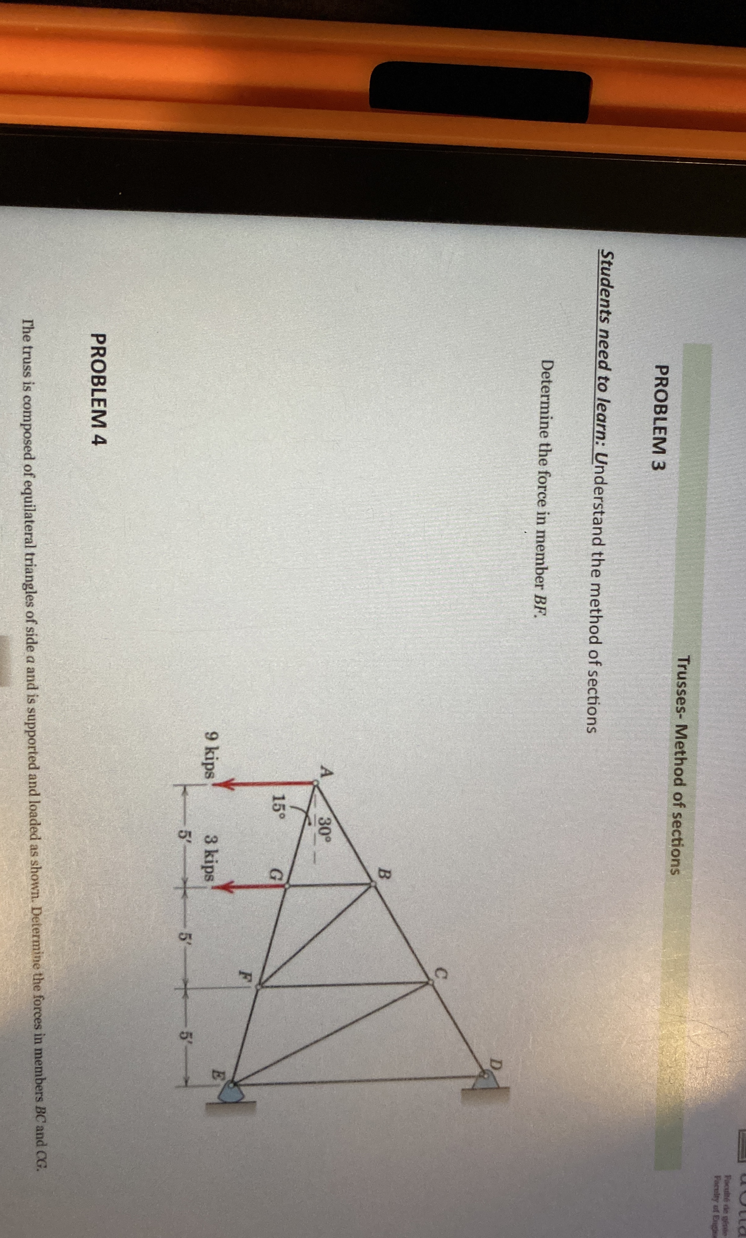 Trusses - Method of sections PROBLEM 3 Students
