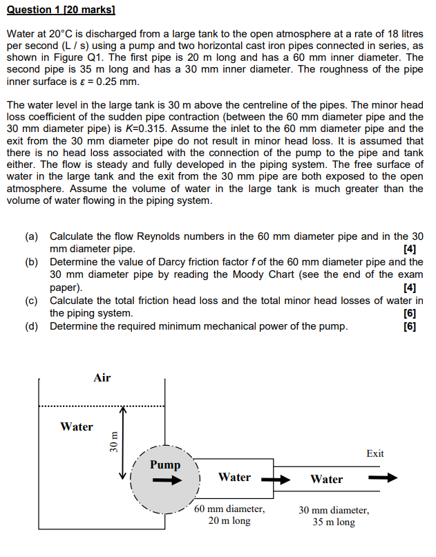 Water at 2 0 C is discharged from a large tank to