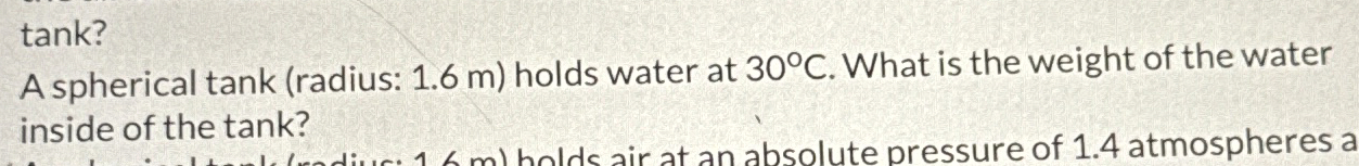 A spherical tank ( radius: 1 . 6 m ) holds water
