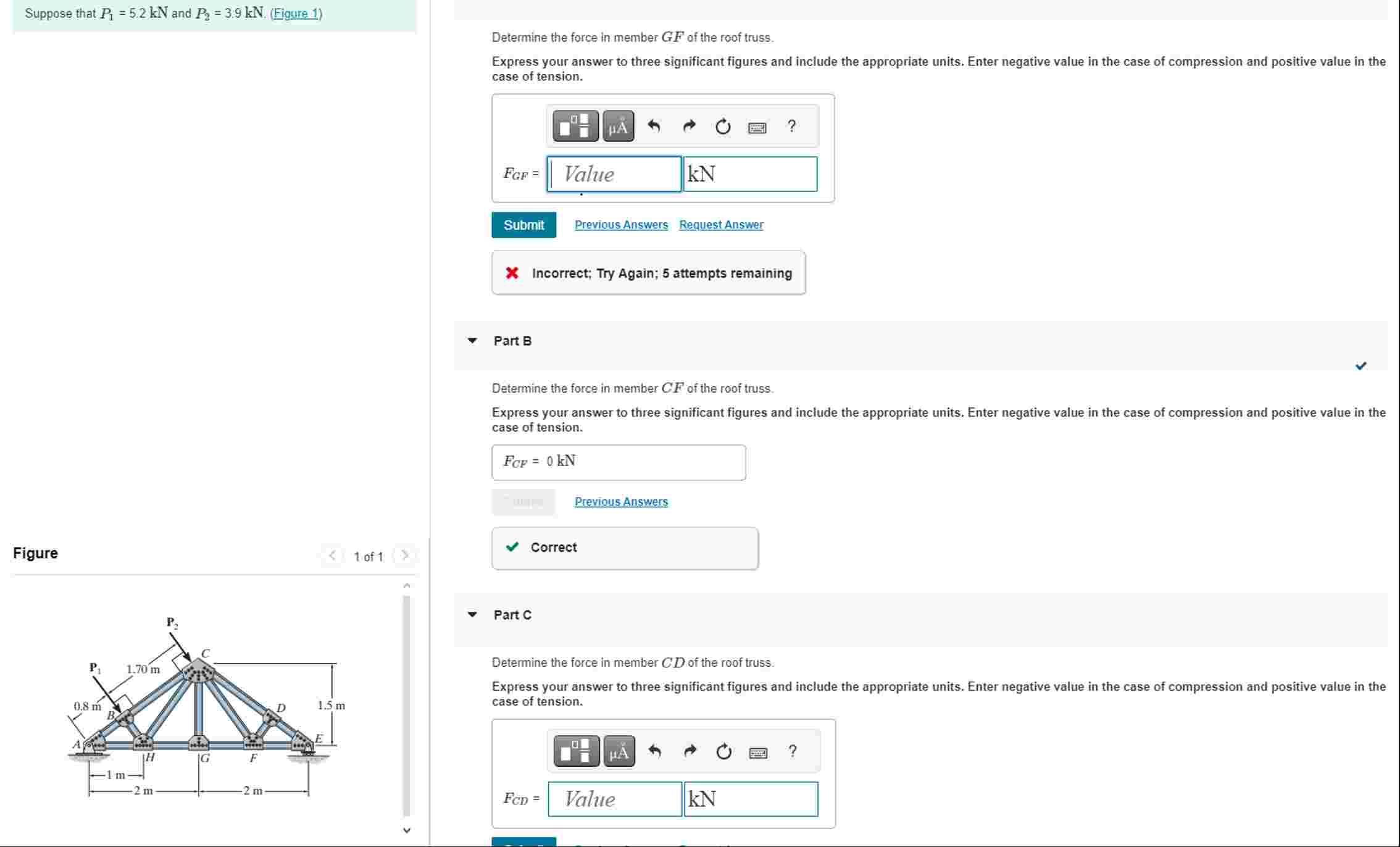 Suppose that \ ( P _ { 1 } = 5 . 2 \ mathrm { kN