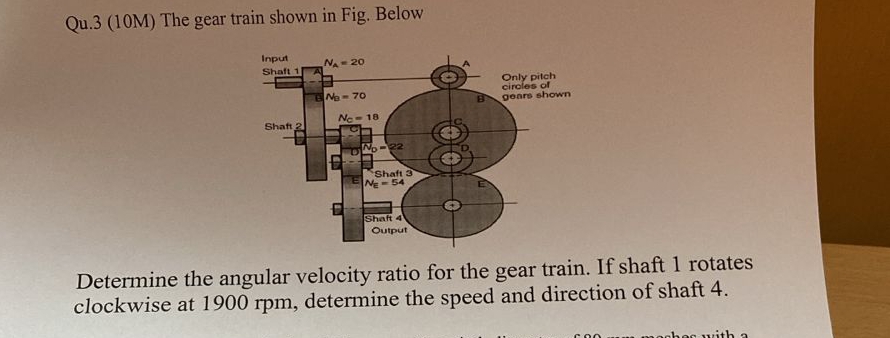 Qu . 3 ( 1 0 M ) The gear train shown in Fig.