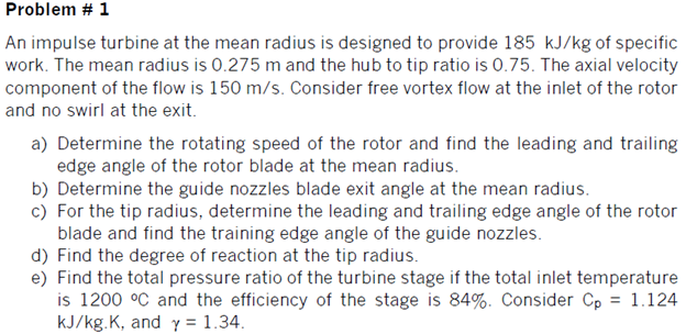 Problem \ # 1 An impulse turbine at the mean