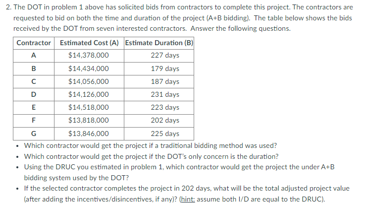 The DOT in problem 1 above has solicited bids